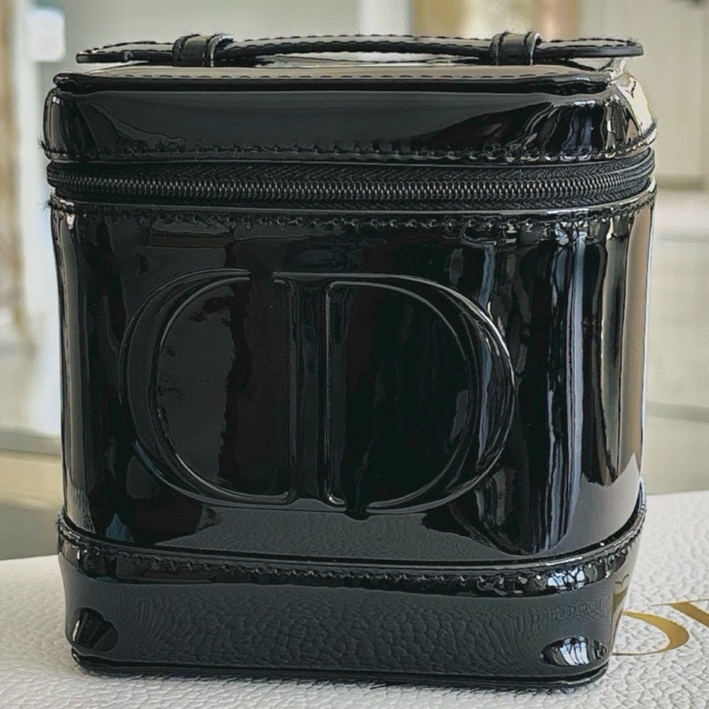 Dior Black Faux Patent Leather Glossy Black Logo Vanity Case Pouch New Authentic - Picture 2 of 5